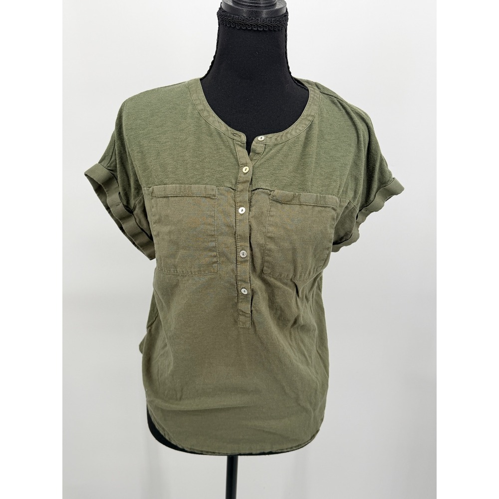 Lucky Brand Henley Top Womens Medium Olive Green Good Mixed Media 7WP6690